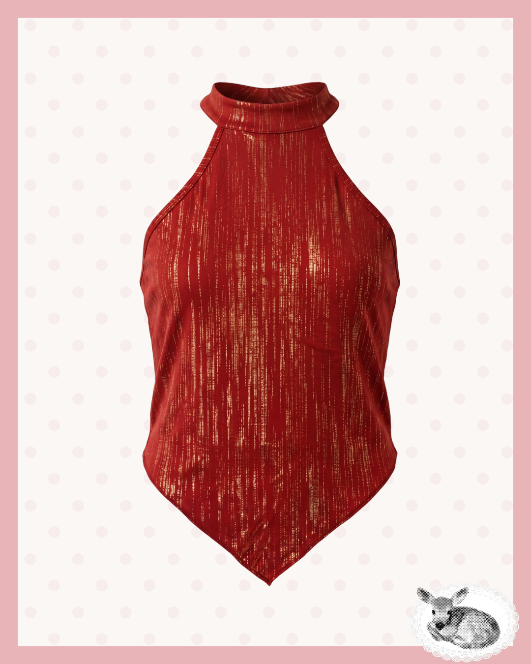 ember — top halter rojo con hilos dorados